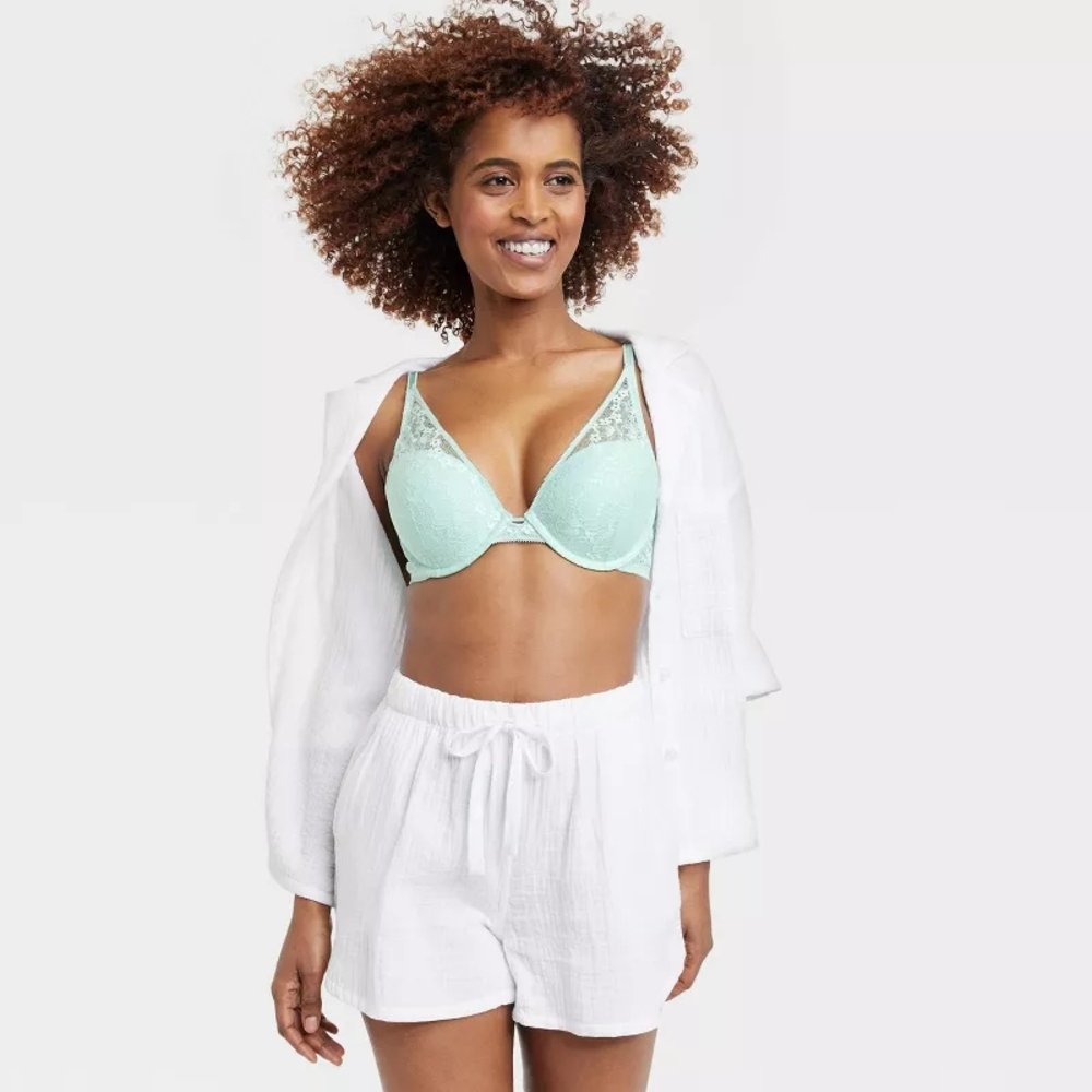 Auden Push Up Plunge Coverage Underwire Bra Seafoam Green Blue Lace V-Neck Bra